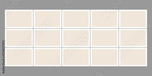 Postage stamp vector shape. Travel postcard vintage seal, paper mail delivery shipping fee symbol. Jagged circled blank sticker, square mark horizontal template. Philately album empty set, email tag
