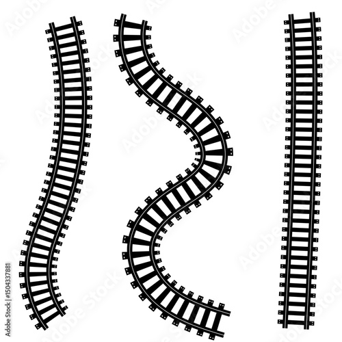 Railway Track Icon Set Vector Design on White Background. Railway Line, Rails Symbol, Train Tracks Sign, Railroad Pictogram, Railroad elements set, Railroads curved straight, traffic sign,seps10, 1111