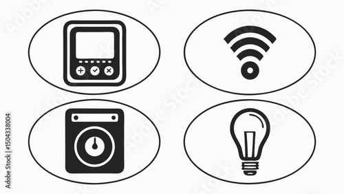 Four Black Flat Vector Smart Home Icons – Thermostat, Light Bulb, Security Camera & Smart Plug on White Background