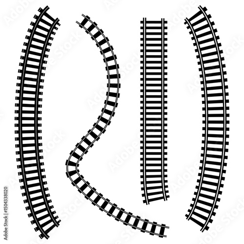 Railway Line, Rails Symbol, Train Tracks Sign, Railroad Pictogram,  Vector, Black railway tracks, Railroads curved straight, traffic signs. Transport vector silhouettes set, eps10 11:11
