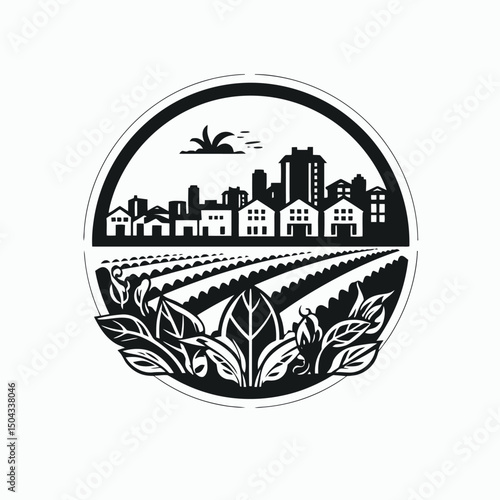 Cityscape agriculture farming urban landscape buildings fields plants nature environment black and white design silhouette