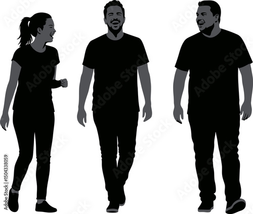 Silhouette Illustration of Three Friends Walking and Laughing Together Joyful Friendship Concept