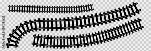 Railway Line, Rails Symbol, Train Tracks Sign, Railroad Pictogram,  Vector, Black railway tracks, Railroads curved straight, traffic signs. Transport vector silhouettes set, eps10 11:11