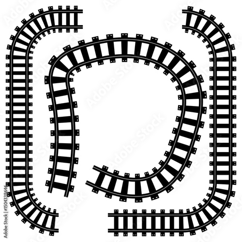Railway Line, Rails Symbol, Train Tracks Sign, Railroad Pictogram,  Vector, Black railway tracks, Railroads curved straight, traffic signs. Transport vector silhouettes set, eps10 11:11
