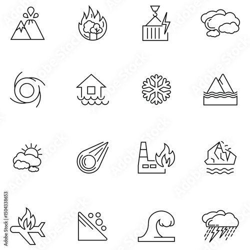 Natural disaster icons depicting various events. Connect such as natural disasters, pollution, earthquake, tsunami,  landslide, seismic activity, tectonic plates and more. Editable stroke icons Vector