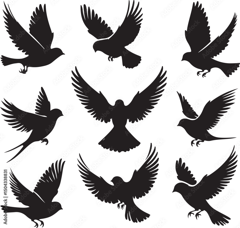 Fototapeta premium A versatile black silhouette vector set featuring flying eagle and bird wing illustrations perfect for nature or tattoo designs.