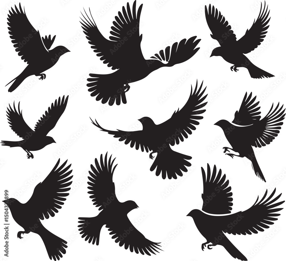Fototapeta premium A versatile black silhouette vector set featuring flying eagle and bird wing illustrations perfect for nature or tattoo designs.