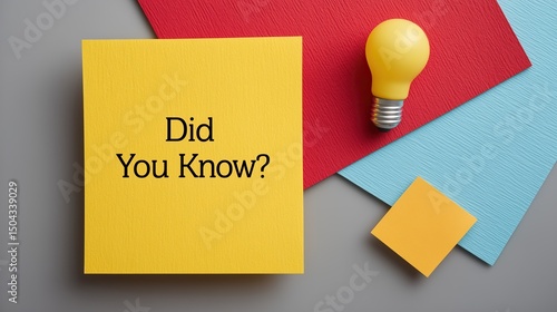 yellow note with question 'Did know?' displayed beside yellow light bulb and colored paper