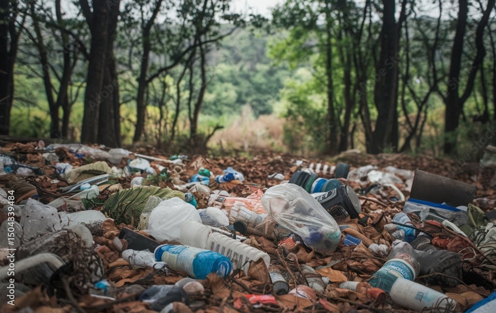 Obraz premium A forest with trash and plastics scattered on the ground