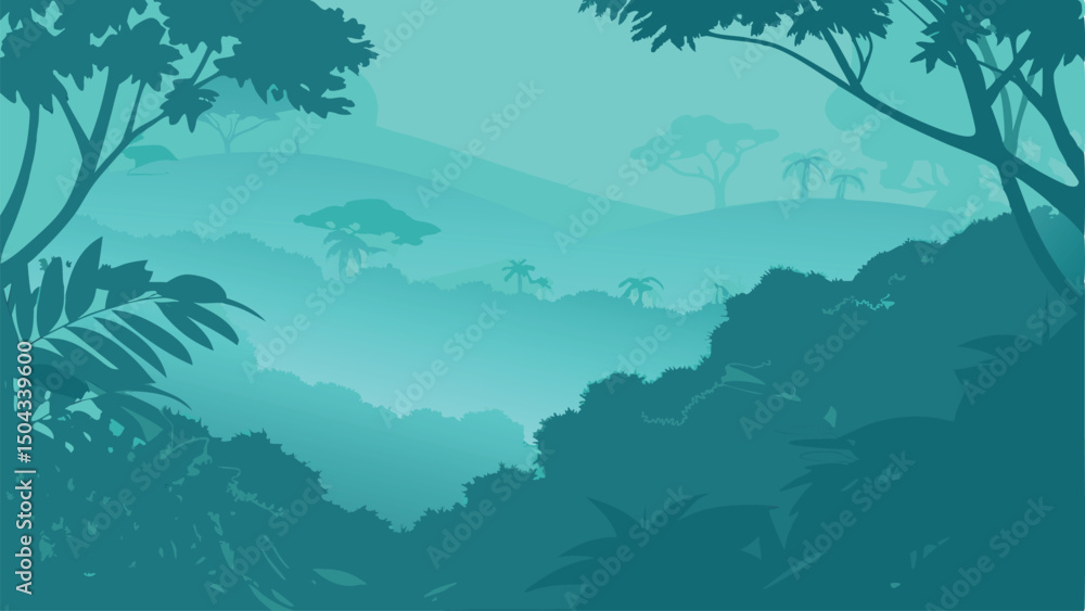 Fototapeta premium tropical jungle landscape with layered trees and teal green gradient vector illustration 