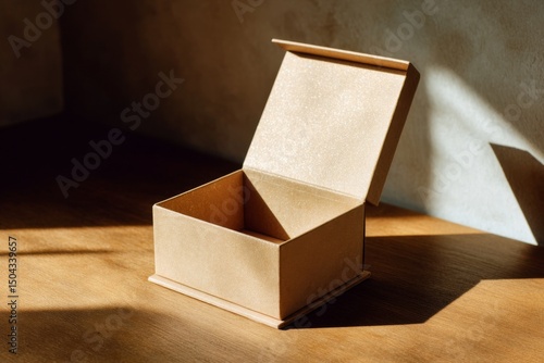 Open cardboard gift box casting shadows, sitting on a wooden surface in warm sunlight and a plain wall