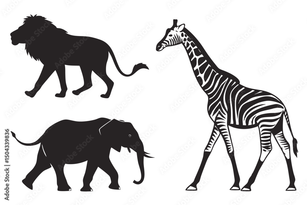 Obraz premium african safari animals silhouettes set with lion elephant and giraffe vector collection