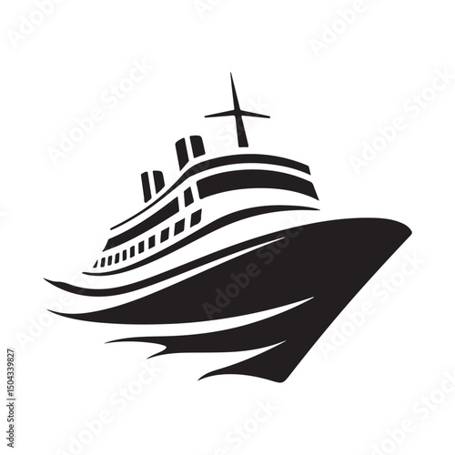 A stylized black illustration of a cruise ship moving swiftly through water.