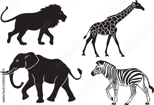 safari animal silhouettes including big five wildlife species vector illustration
