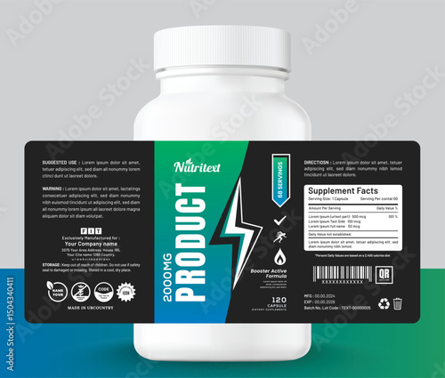 Creative protein supplement label with bold text, power green theme, ideal for gym fitness energy products packaging.