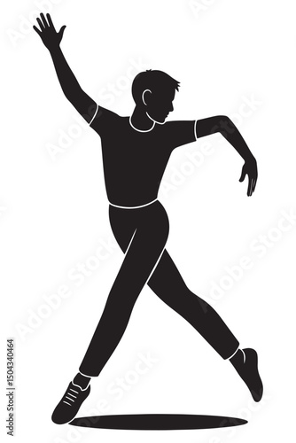 Silhouette of a man leaping sideways with one arm reaching up and one leg extended, dancing silhouette
