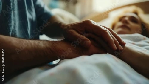 Caregiver gently holds hand of elderly dying person in hospital ward, hospice. Atmosphere of comfort, compassion. Intimate moment, family love, support. Connection, care in difficult times. Humanity.