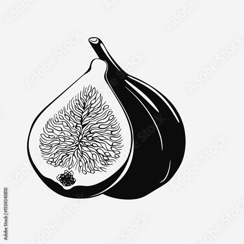 Fig fruit illustration black and white drawing cut open healthy food sweet delicious fresh organic leaf art silhouette