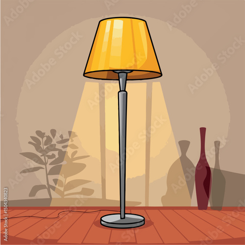 "Create a flat-style vector illustration of a standing floor lamp in a cartoon style. Use a simple design with a bright yellow lampshade and a sleek metallic base."
