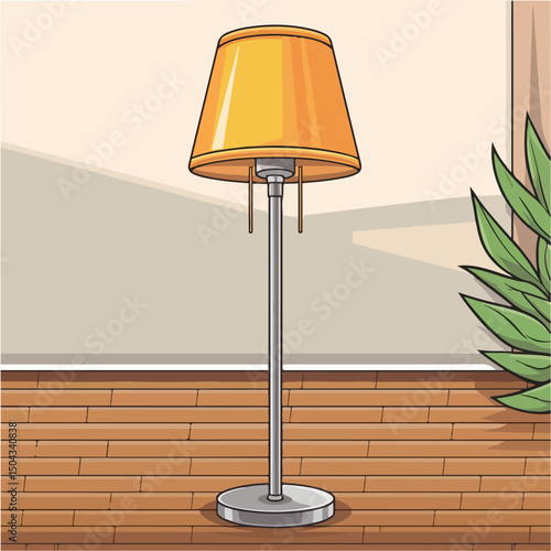 "Create a flat-style vector illustration of a standing floor lamp in a cartoon style. Use a simple design with a bright yellow lampshade and a sleek metallic base."
