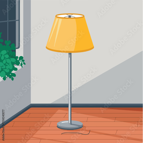 "Create a flat-style vector illustration of a standing floor lamp in a cartoon style. Use a simple design with a bright yellow lampshade and a sleek metallic base."
