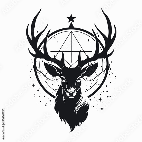 Deer stag antlers star pentagram occult mystic animal forest wildlife nature black white illustration art silhouette