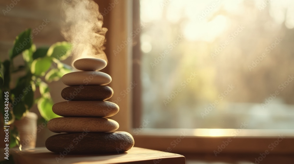Obraz premium Healthy relaxation experience with hot stones, natural light, steam