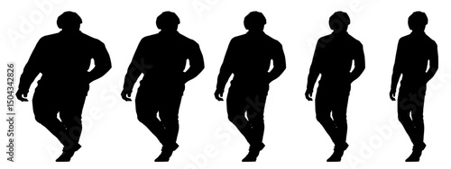 Conceptual fat overweight obese man vs slim fit healthy body after weight loss or diet, white background banner. A  fitness, nutrition or obesity, health care shape illustration vector as silhouettes