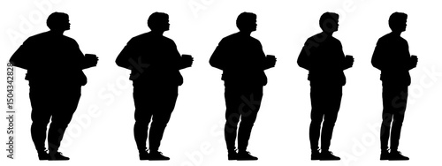 Conceptual fat overweight obese man vs slim fit healthy body after weight loss or diet, white background banner. A  fitness, nutrition or obesity, health care shape illustration vector as silhouettes