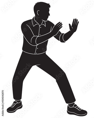 Silhouette of a man in a defensive martial arts stance, both hands raised near chest, action silhouette