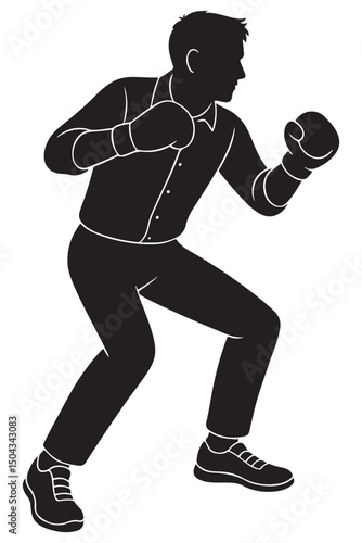 Silhouette of a man preparing to throw a punch with knees bent and posture braced, action silhouette