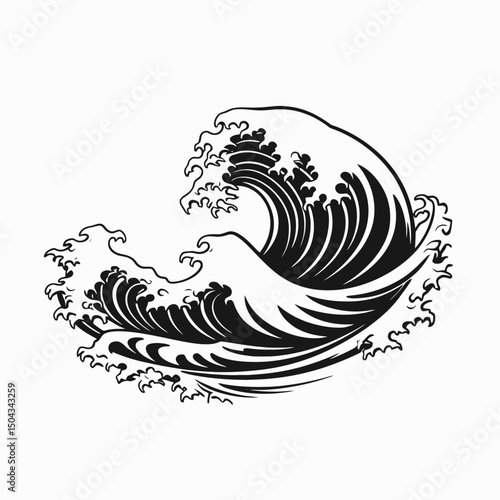 Japanese great wave kanagawa ocean sea drawing art illustration black and white oriental artistic 100 silhouette