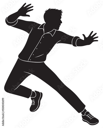 Silhouette of a man turning sharply mid-run, with torso twisted and arms thrown out, action silhouette