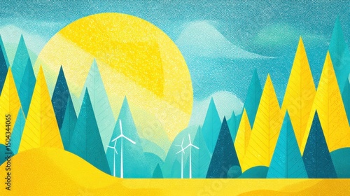 Paesaggio astratto con turbine eoliche e sole stilizzato