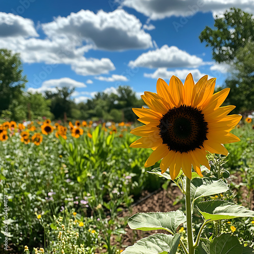 Serene summer day on farm with blooming sunflowers high resolution picture