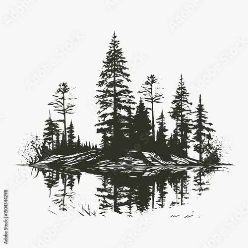 Forest trees lake reflection nature landscape scenic woodland wilderness outdoor environment wild black white art silhouette