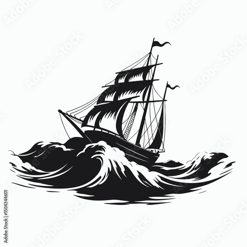 Ship sailing boat ocean sea water wave nautical vessel marine travel adventure black and white artwork silhouette