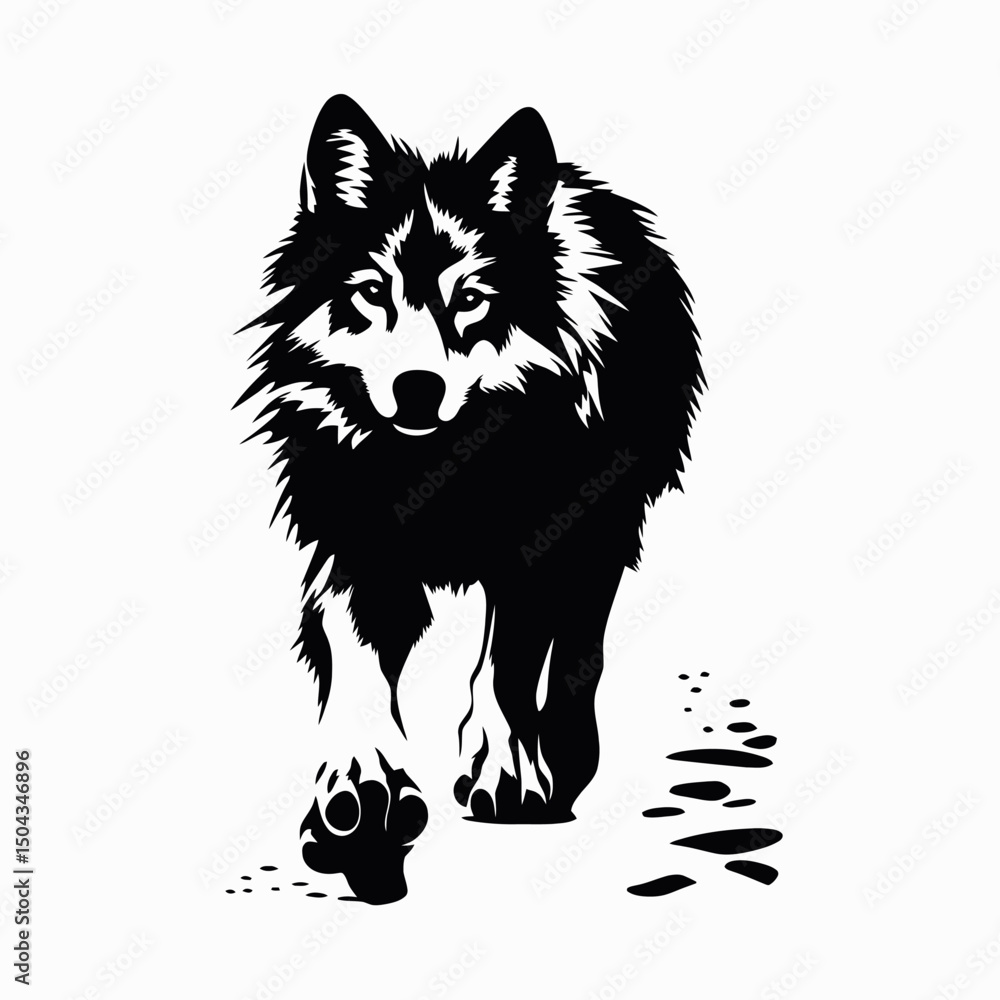 Fototapeta premium Wolf black and white animal canine mammal predator wildlife nature silhouette art design vector print wild