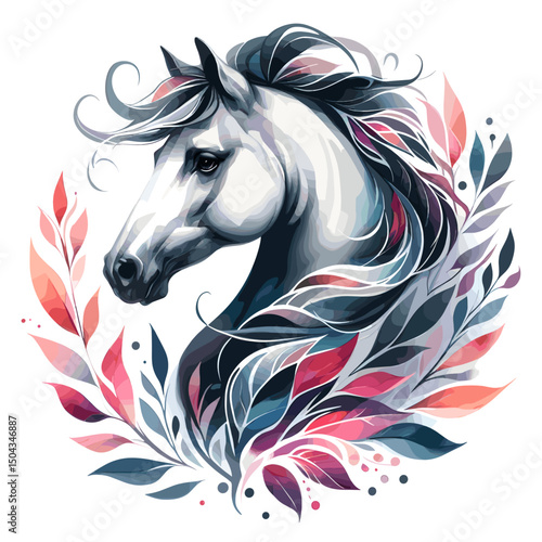 White Horse. Flowers. Horse head.  Portrait. Watercolor style. Isolated on a white background. Banner. Vector illustration, AI