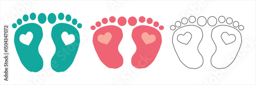 Baby footprints silhouette, Baby footprints simple flat vector Kids or baby feet and foot steps Fun vector footsteps icon for print. Love heart blue boy or pink girl sign on white back ground eps10