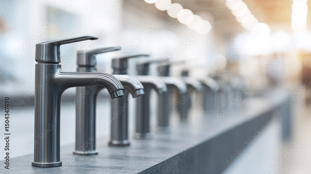 Fototapeta premium Modern metal faucets displayed in organized rows on a showroom counter with lens flare and ample copyspace
