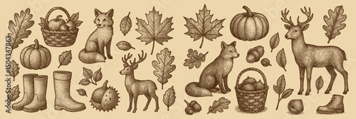 Charming Autumnal Engravings Showcase a Rich Tapestry of Nature's Seasonal Transition