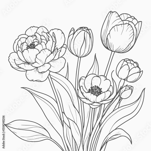 Minimal floral bouquet line art, tulips, peonies, and foliage in fine black outline, isolated on white 