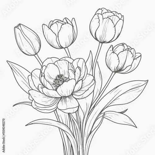 Minimal floral bouquet line art, tulips, peonies, and foliage in fine black outline, isolated on white 