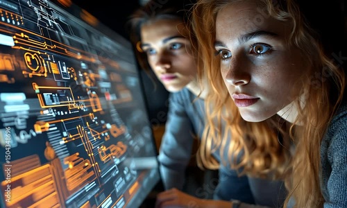 Two young women intently viewing complex tech interfaces on a large monitor screen