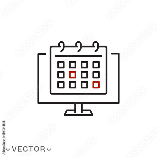calendar on a computer icon, schedule on a laptop screen concept, plan date thin line symbol isolated on white background, editable stroke eps 10 vector illustration