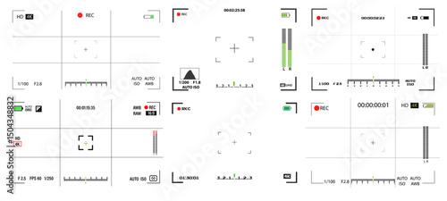 Camera viewfinder overlay video or photo frame recorder flat style design vector illustration set.