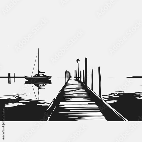 Dock boat water pier lake landscape ocean sea travel nature horizon scenic calm reflection monochrome