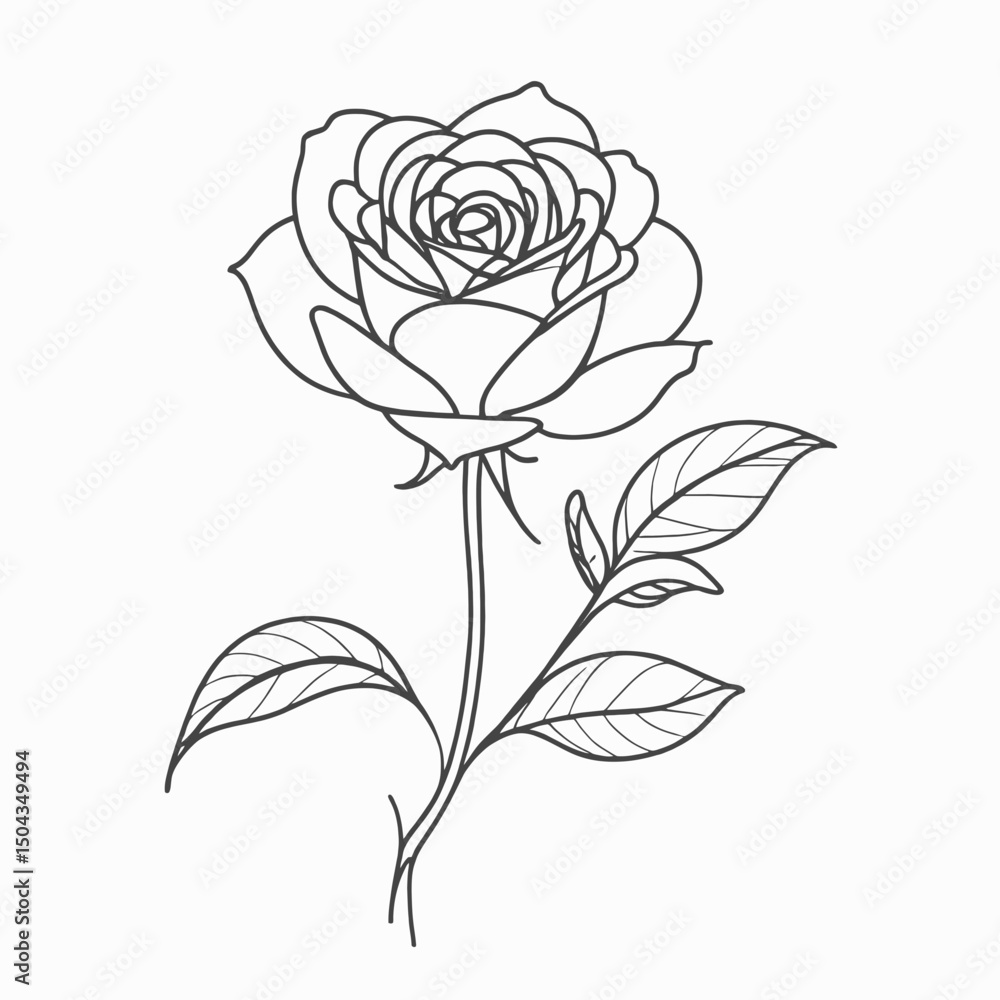 One line drawing of a blooming rose, elegant floral outline illustration, delicate and modern style One line drawing of a blooming rose, elegant floral outline illustration, delicate and modern style