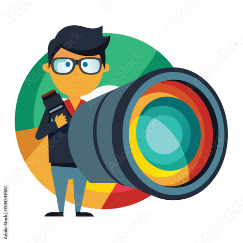 Photographer with Giant Camera Lens Mastering Photography